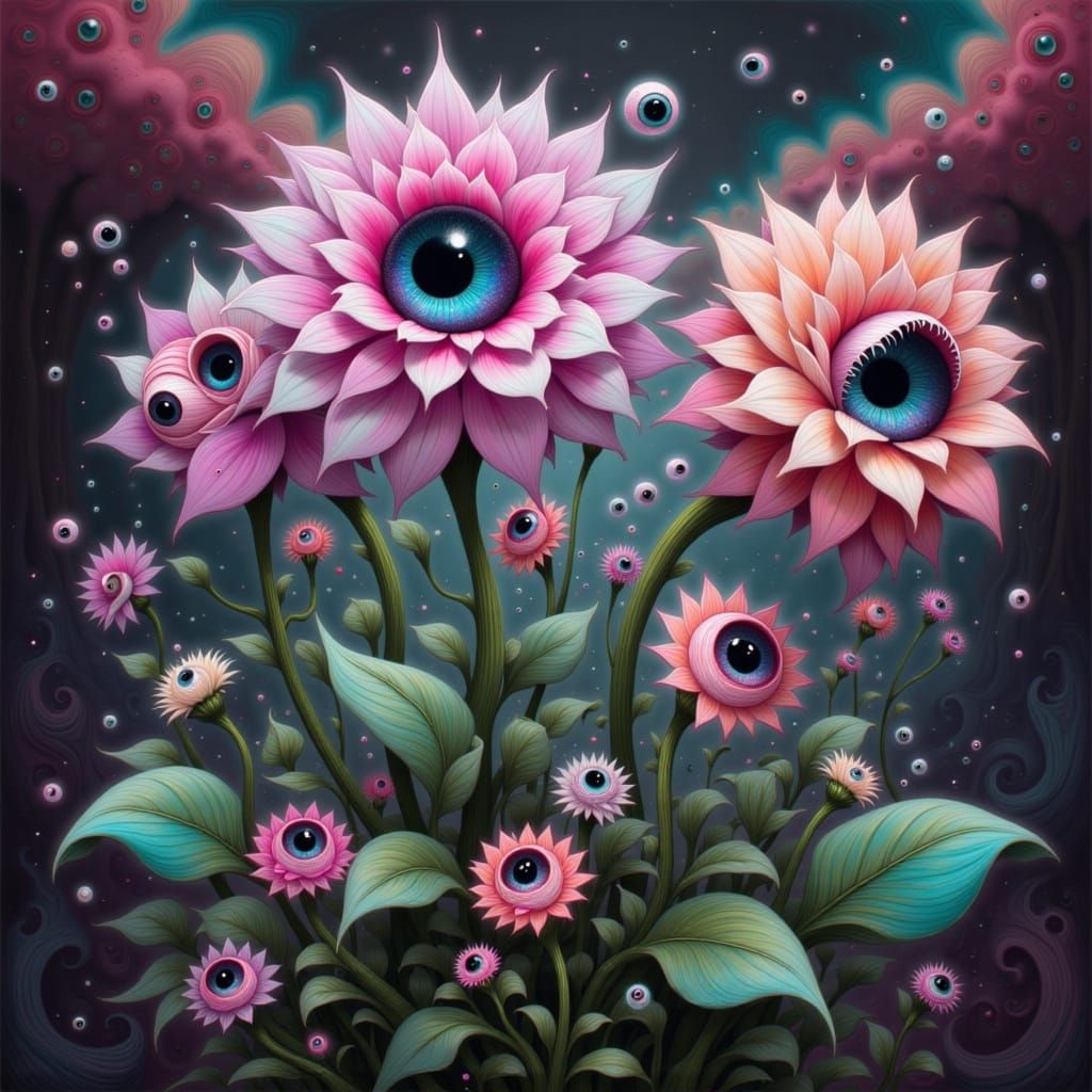 Vibrant Eyeball Flowers in Surreal Landscape