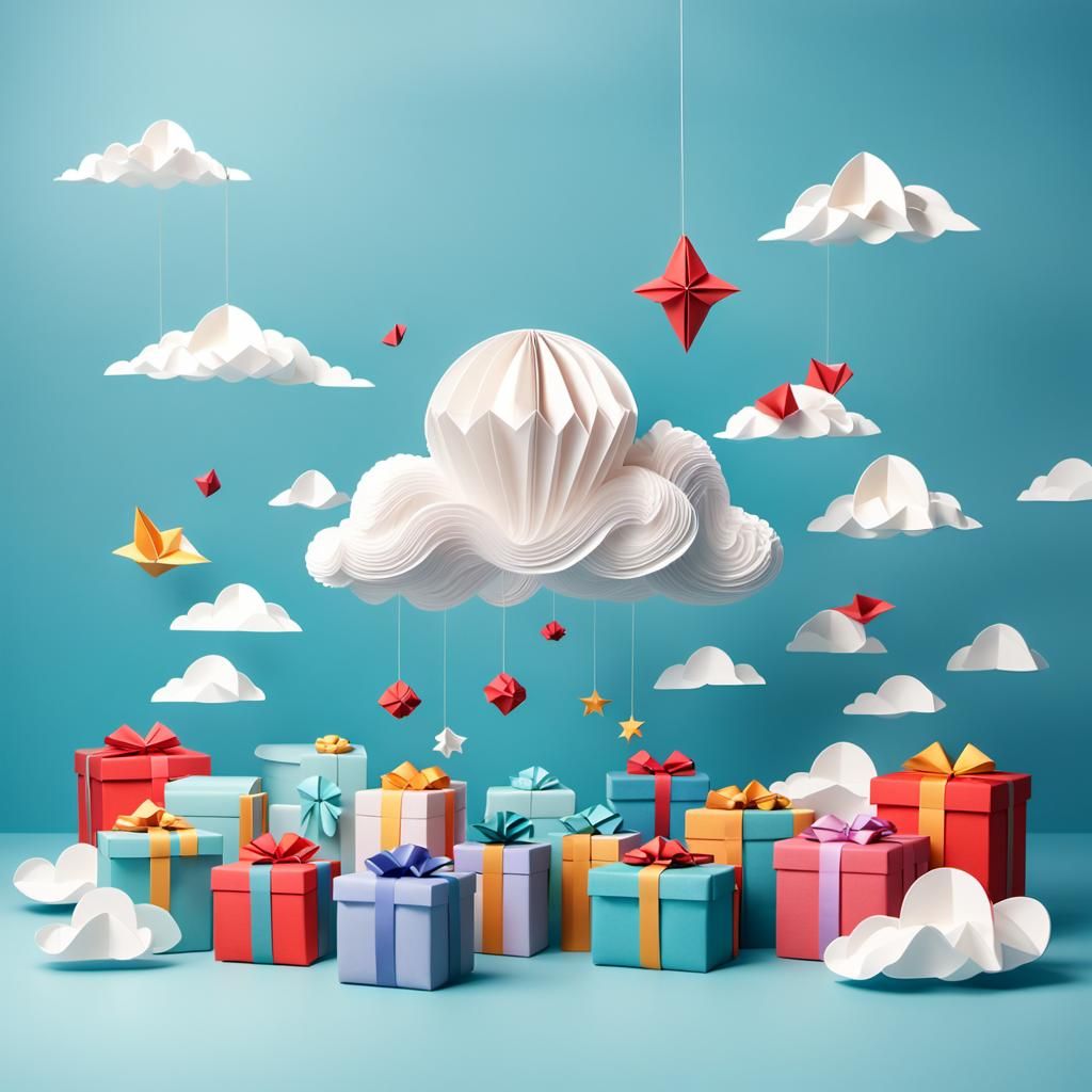 Origami Cloud Showering Gifts in Papercraft Style