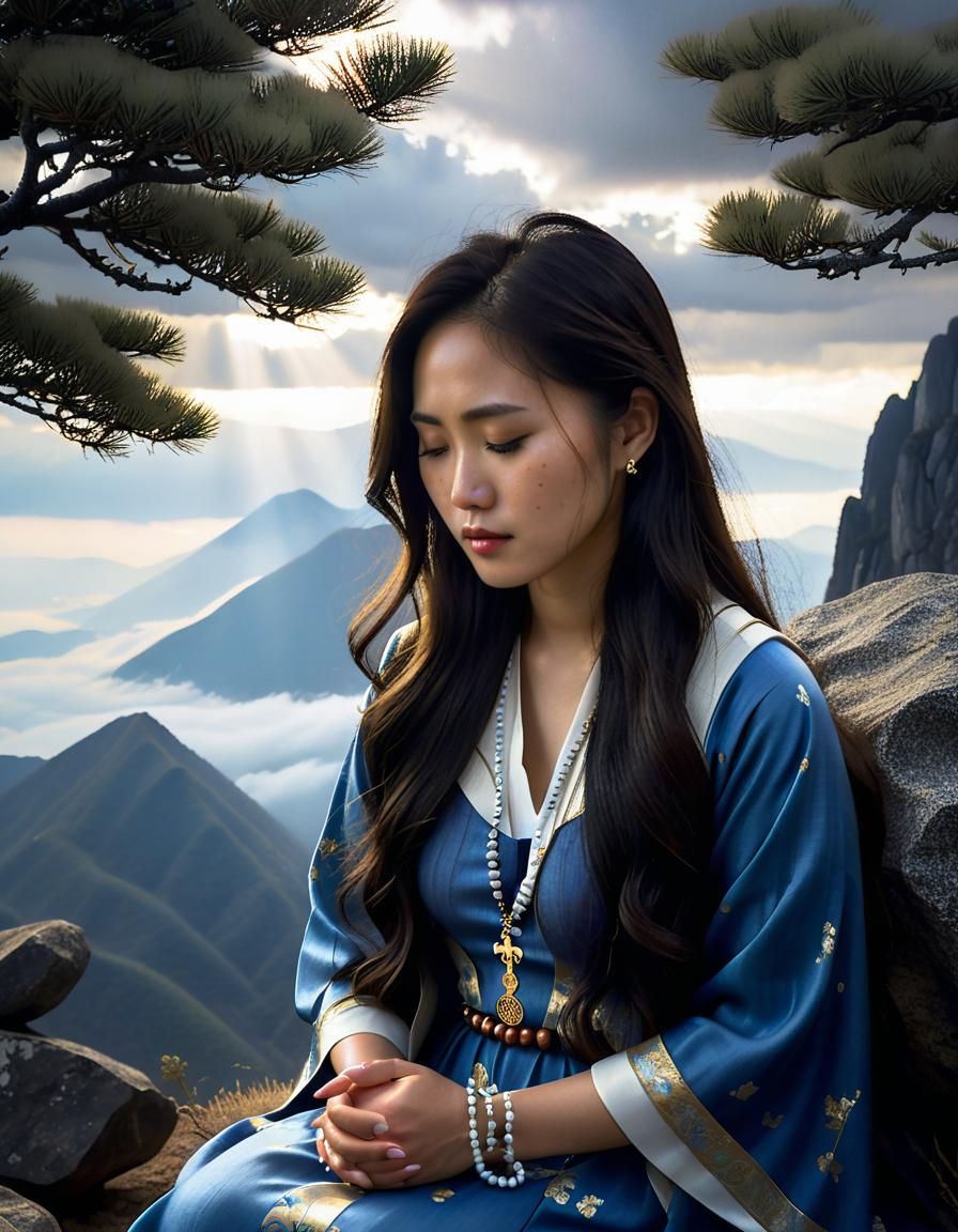 Ethereal Korean Woman Praying, Chiaroscuro Oil Painting