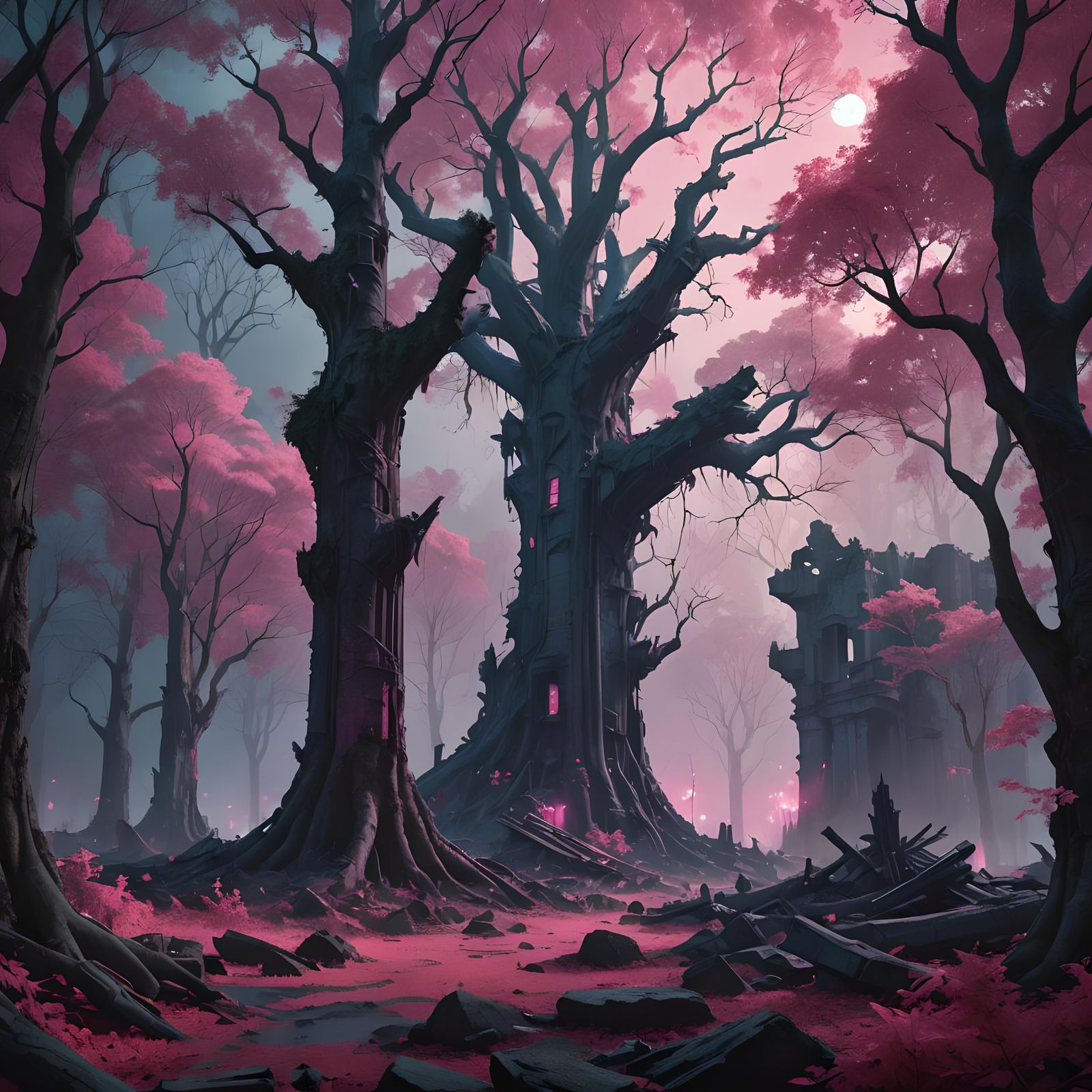 Alien Forest City Ruins in Dark Matte Painting