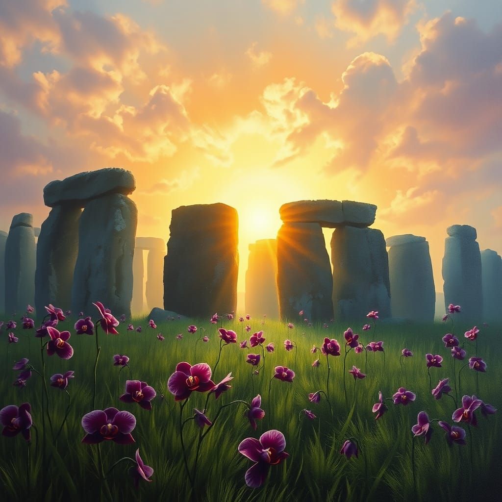 Ethereal Stonehenge Sunset with Black Orchids