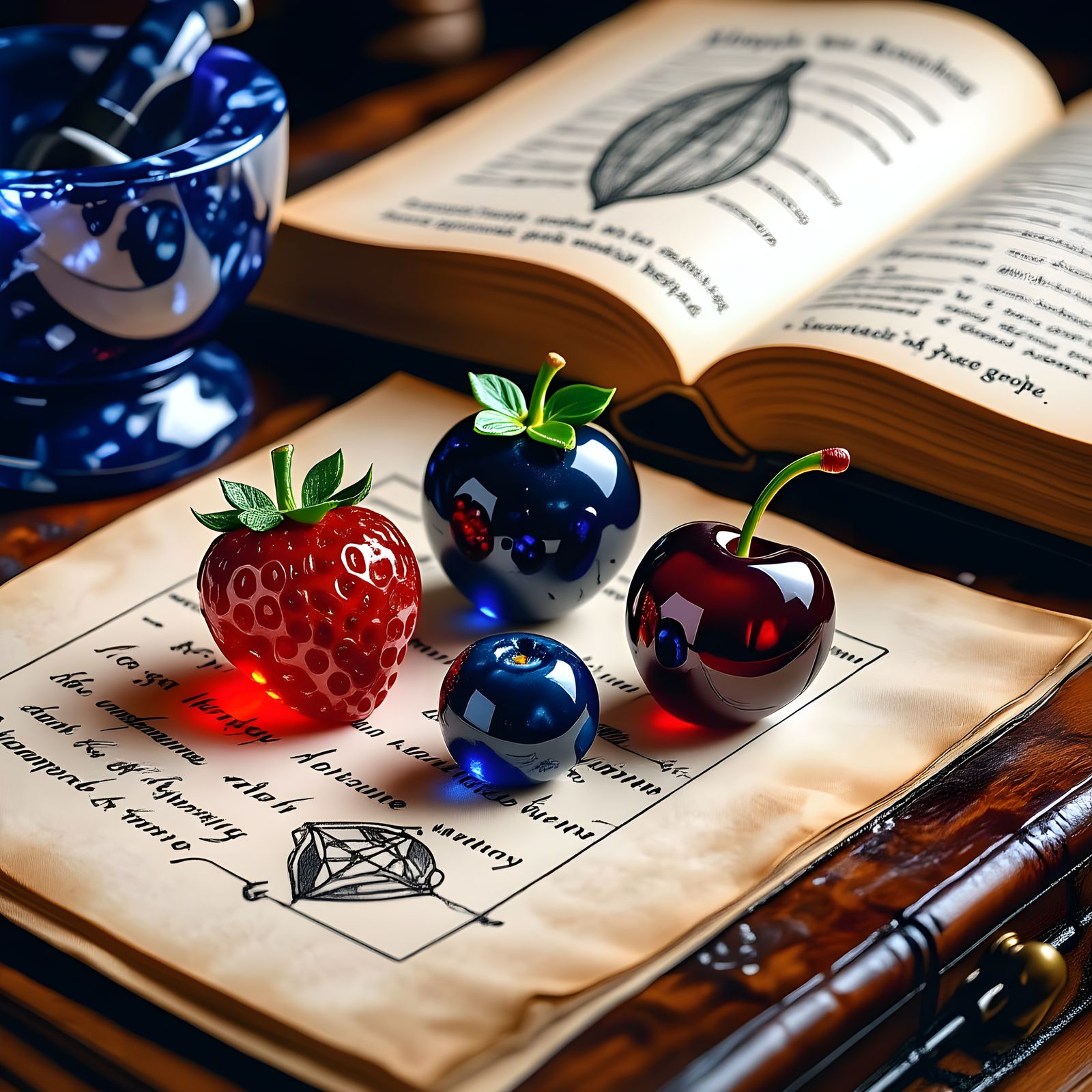 Luminous Gemstone Fruit on Wizard's Desk
