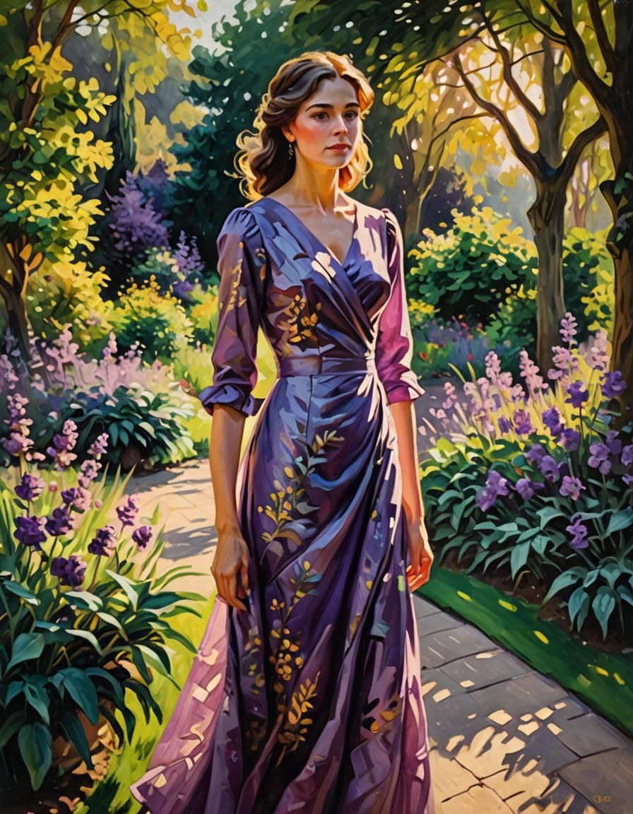 Woman in Purple Dress: Impressionist Oil Painting