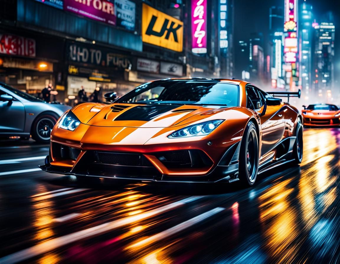 Cyberpunk Supercars Racing at Night: Action Movie Poster