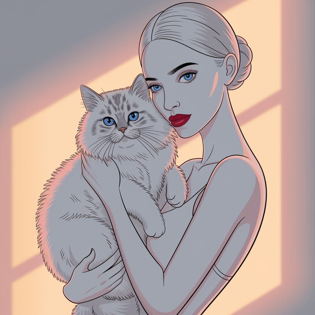 Serene Woman and Cat in Monochromatic White