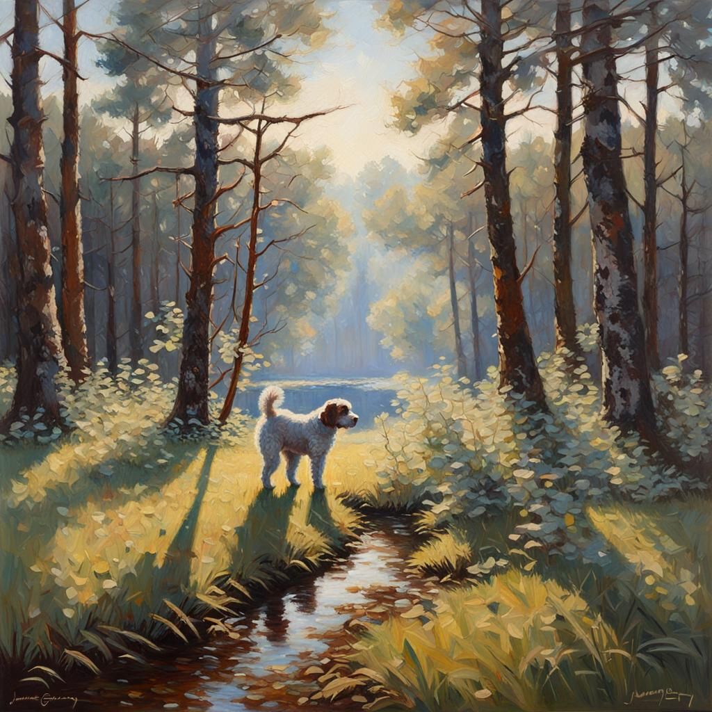 Lagotto Romagnolo in Italian Marshland as Oil Painting