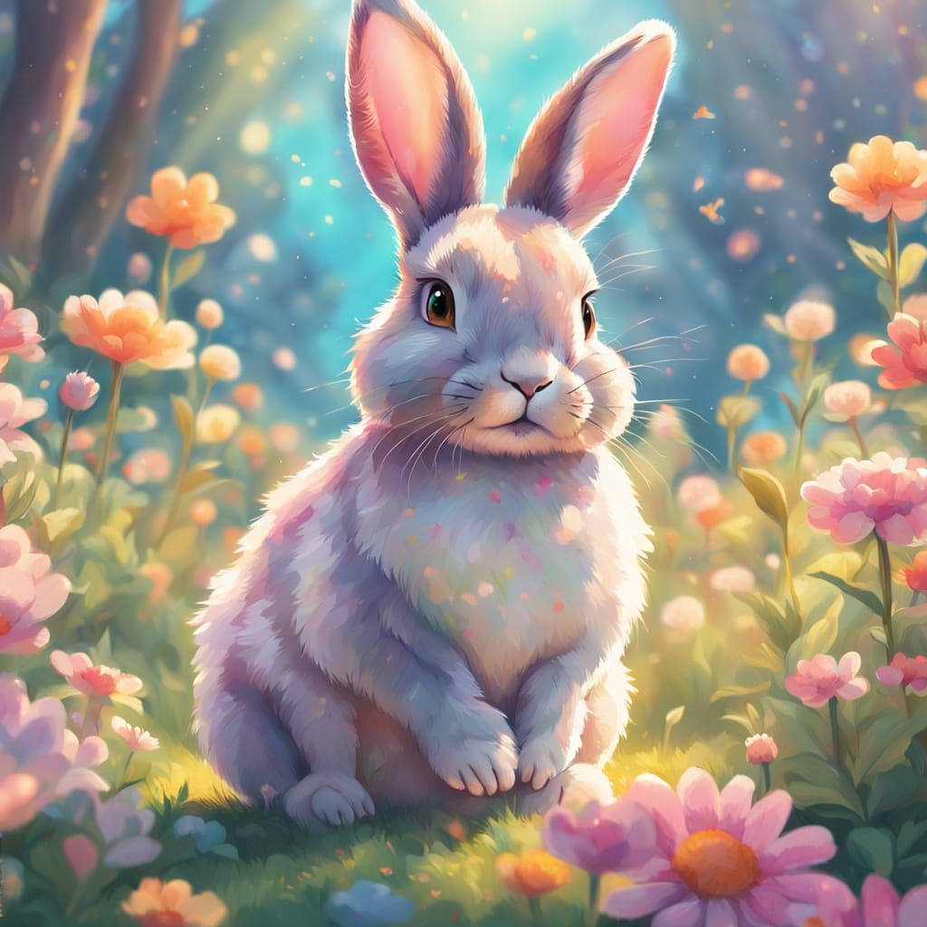 Cute Bunny in Flower Garden Digital Painting