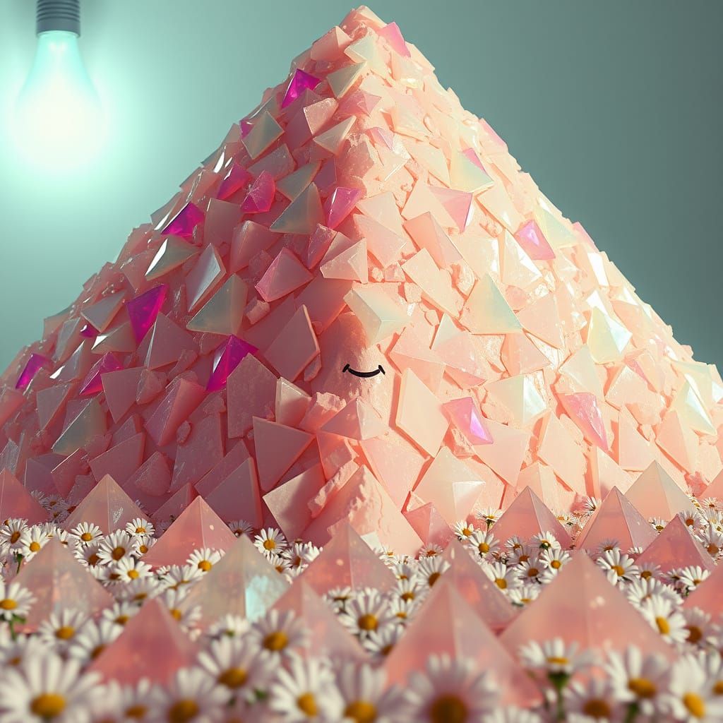 Crumbling Crystal Pyramid with Smiling Face in CGI Style