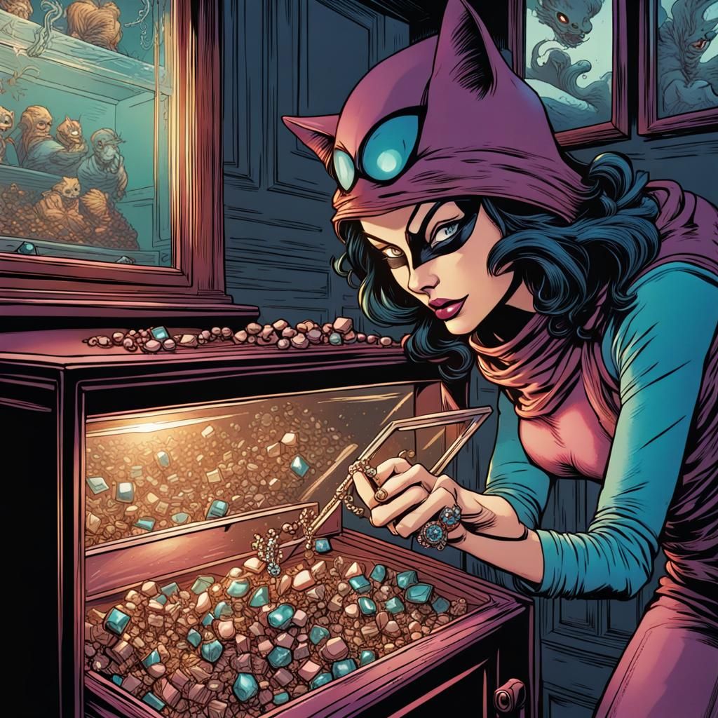 Cheshire Cat Burglar Stealing Jewels, Comic Book Art