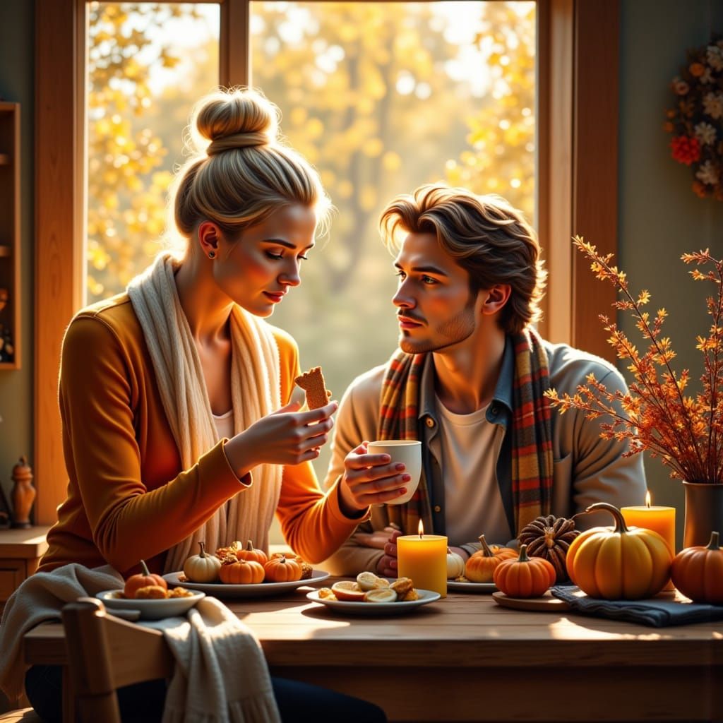 Couple Arranging Autumn Display with Gingerbread