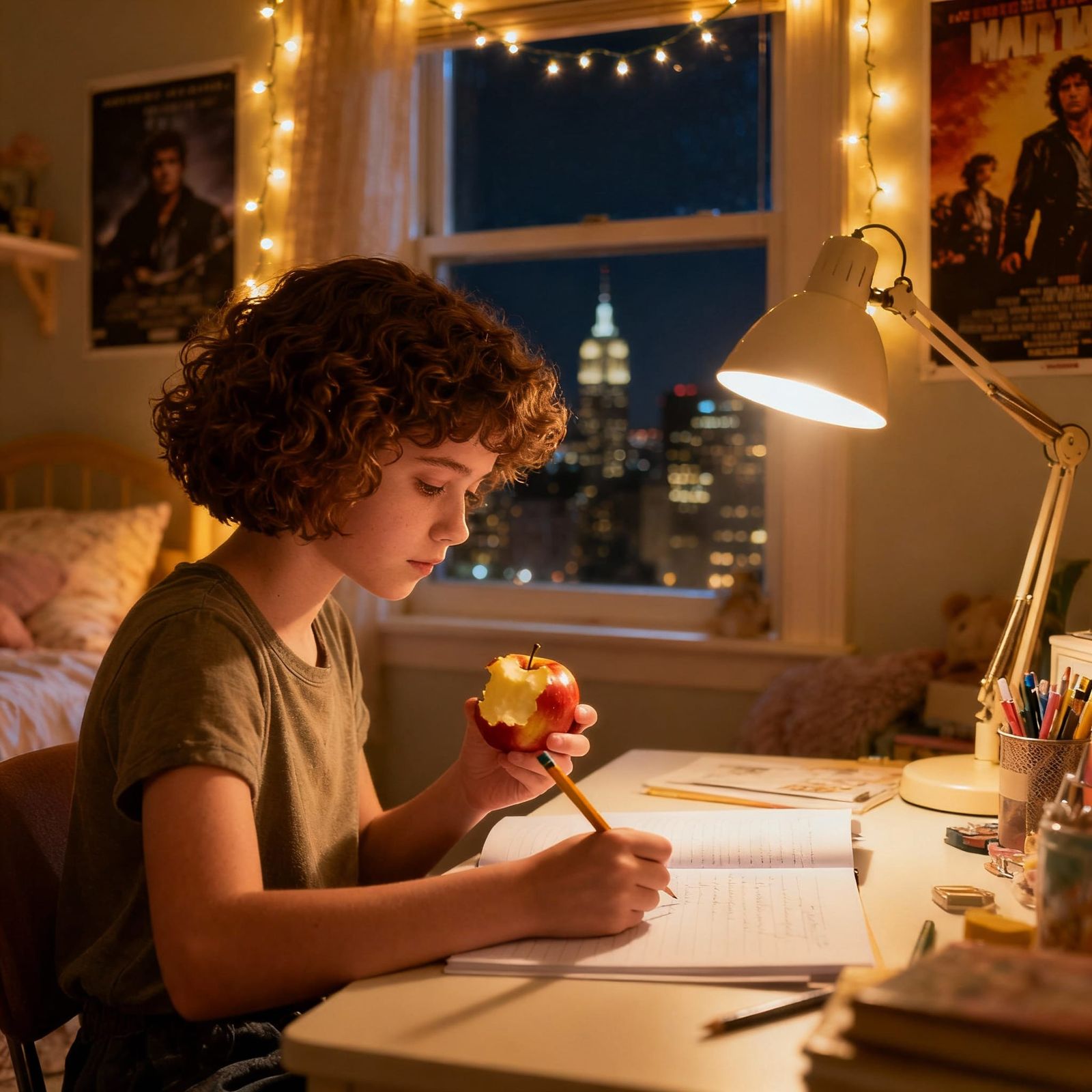 Girl Concentrates on Homework with City View
