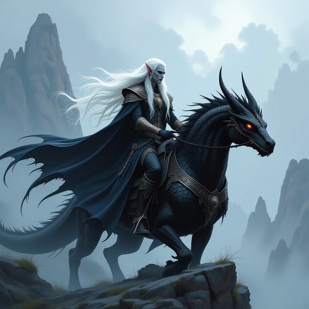 Dark Elf on Black Dragon in Fantasy Illustration Style