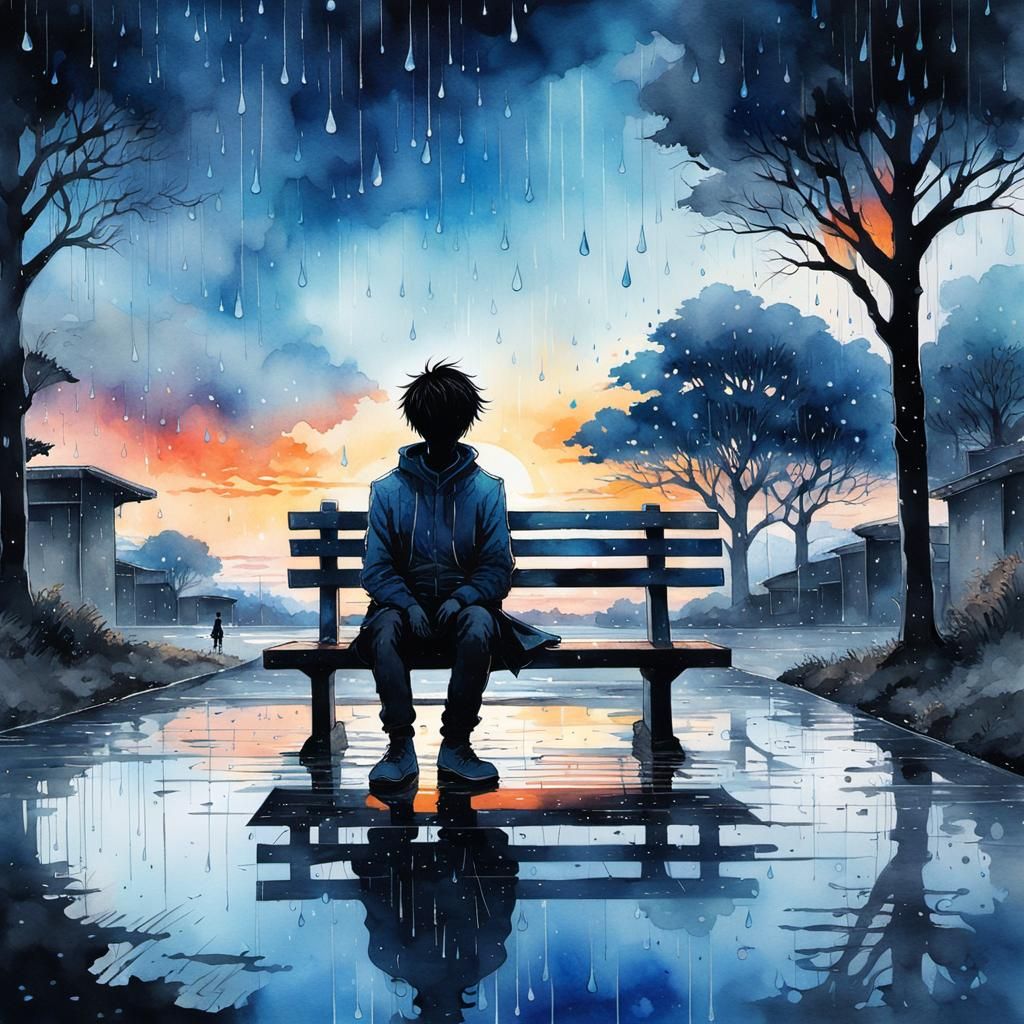 Sad Boy Silhouette in Ominous Sunset Watercolor