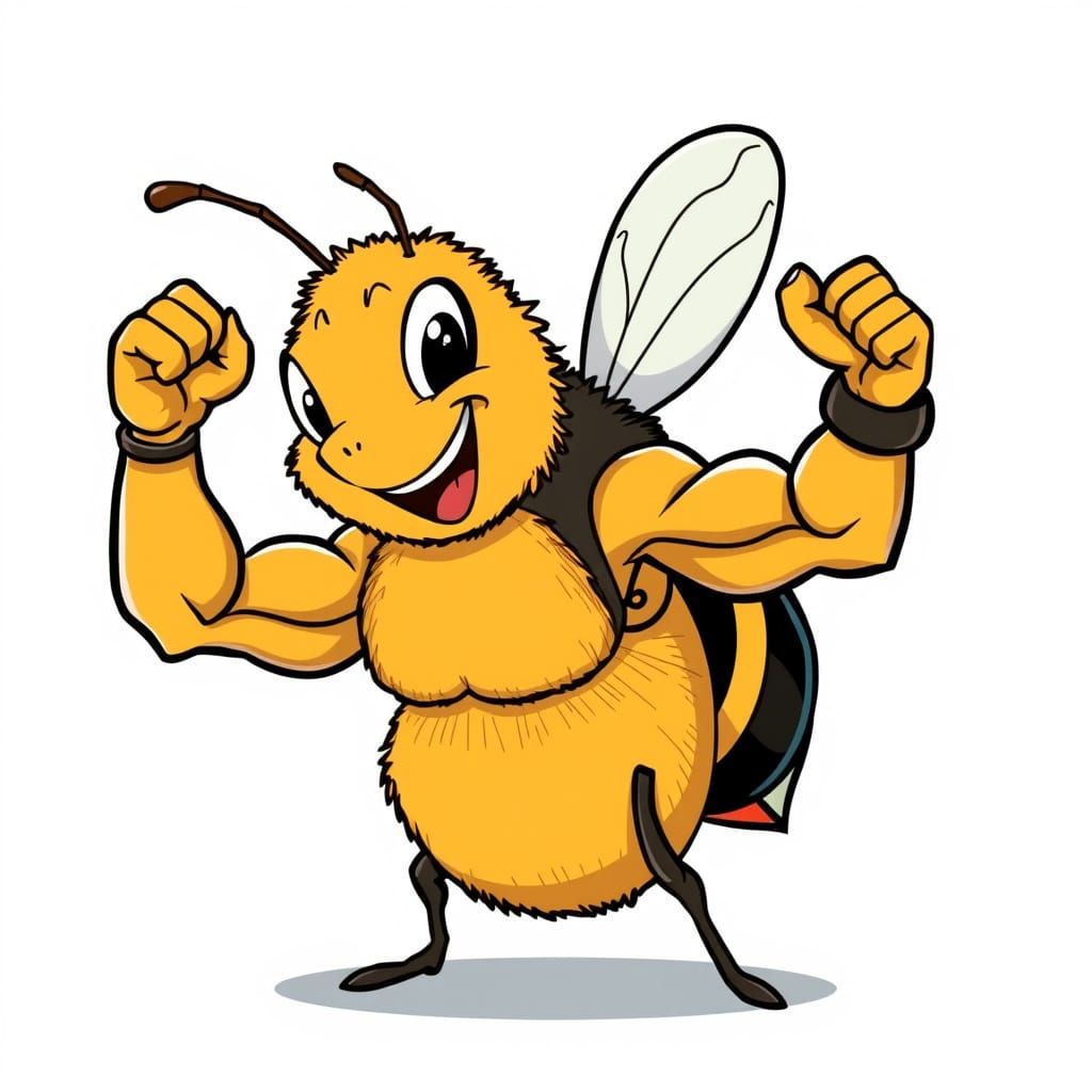 Bee Flexing Massive Biceps in Cartoon Style