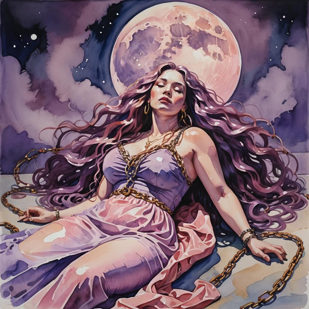 Captive Woman Under Moonlight: Gouache Impressionist Paintin...