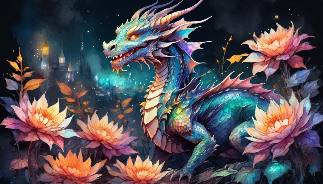 Colorful Dragon Smiles Under Glowing Flowers