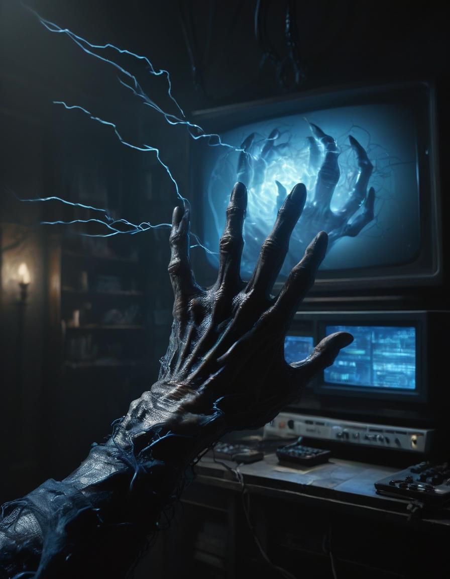 "Onyx Demonic hand reaching out from lunatic television stat...