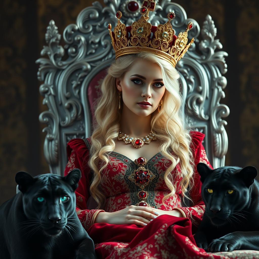 Regal Queen on Silver Throne with Panthers