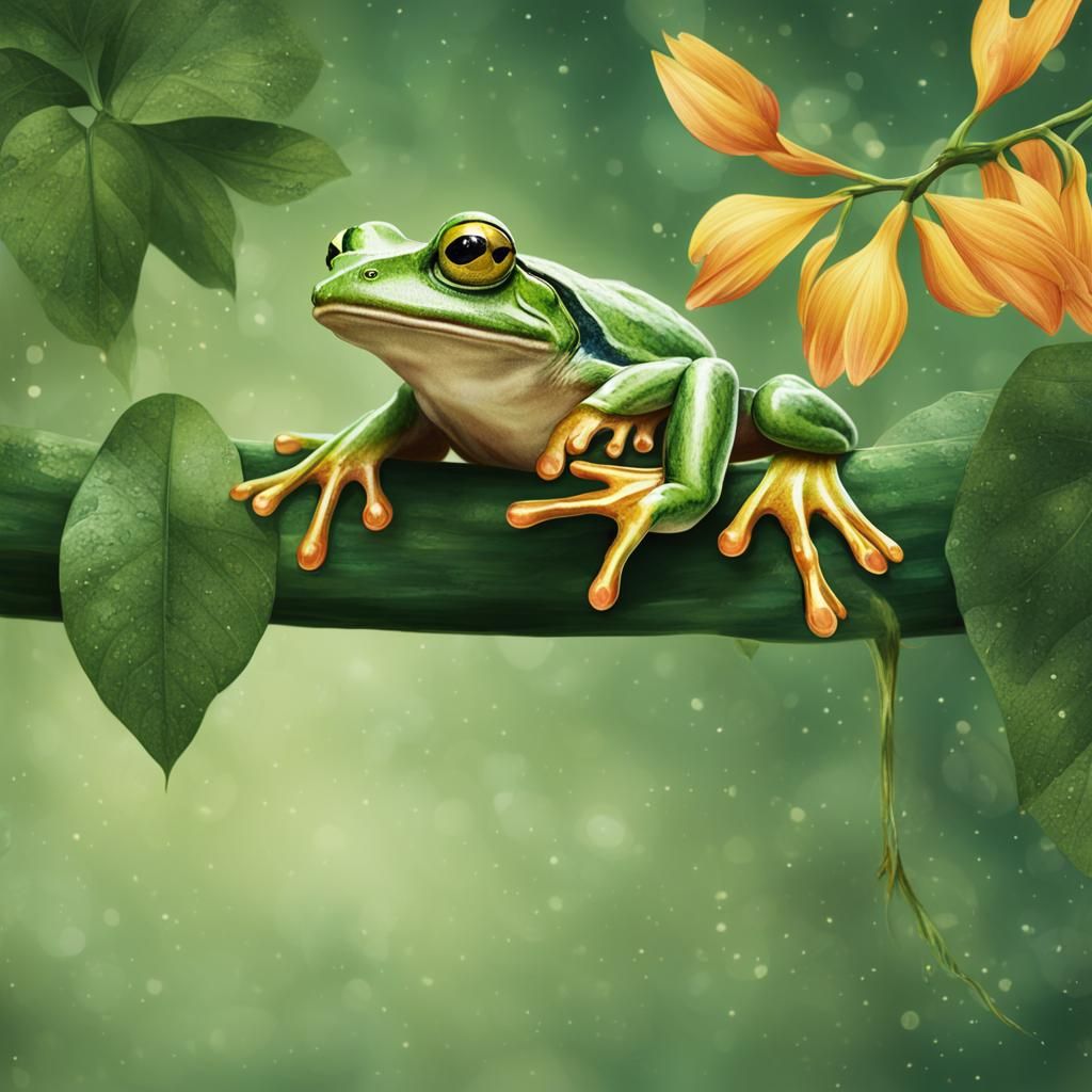 Green Frog Vintage Postcard in Dreamlike Style
