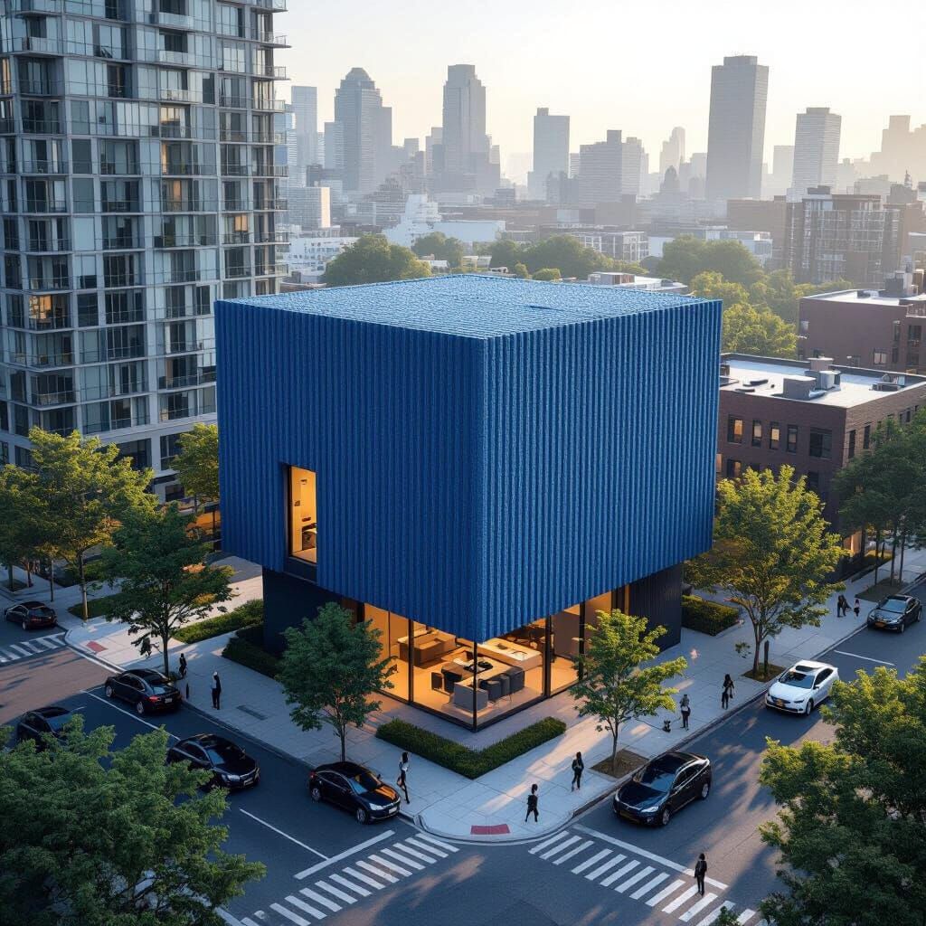 Modern Blue Microfiber Cube House in City