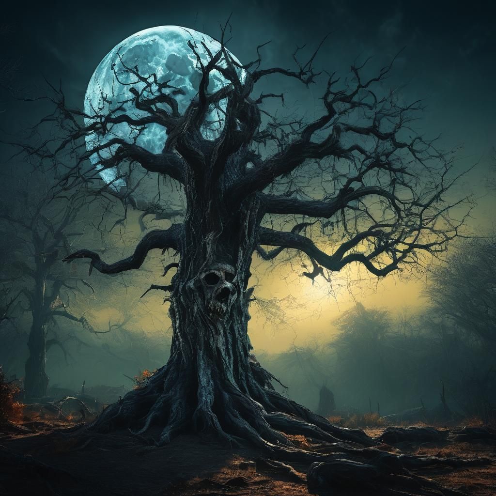 Dark Fantasy Tree with Ghoul in Golden Hour