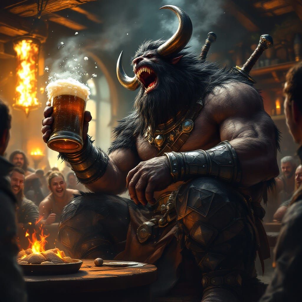Minotaur Warrior Laughing in Tavern, as Matte Painting