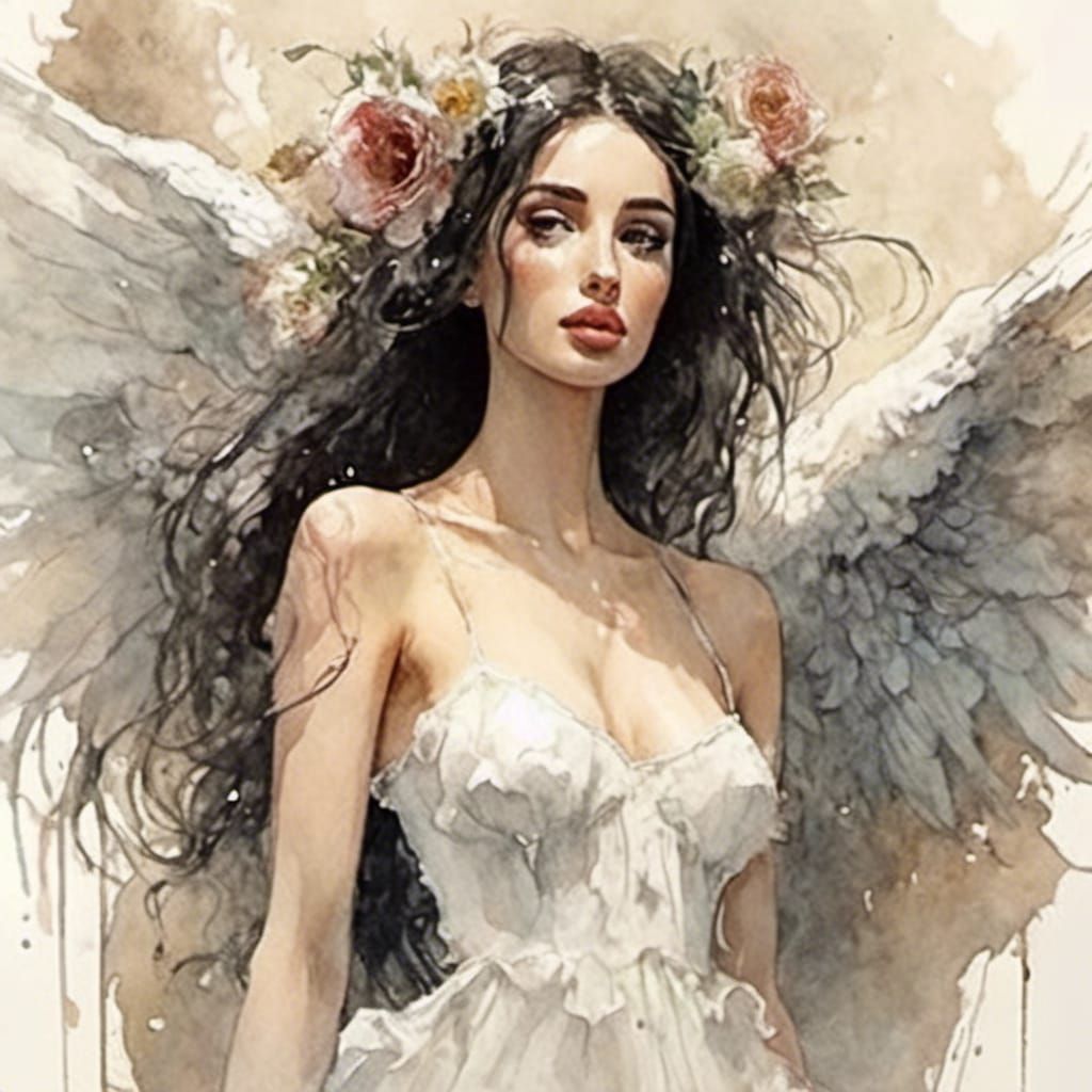 Angelic Maiden with Wings in Watercolor and Ink Style