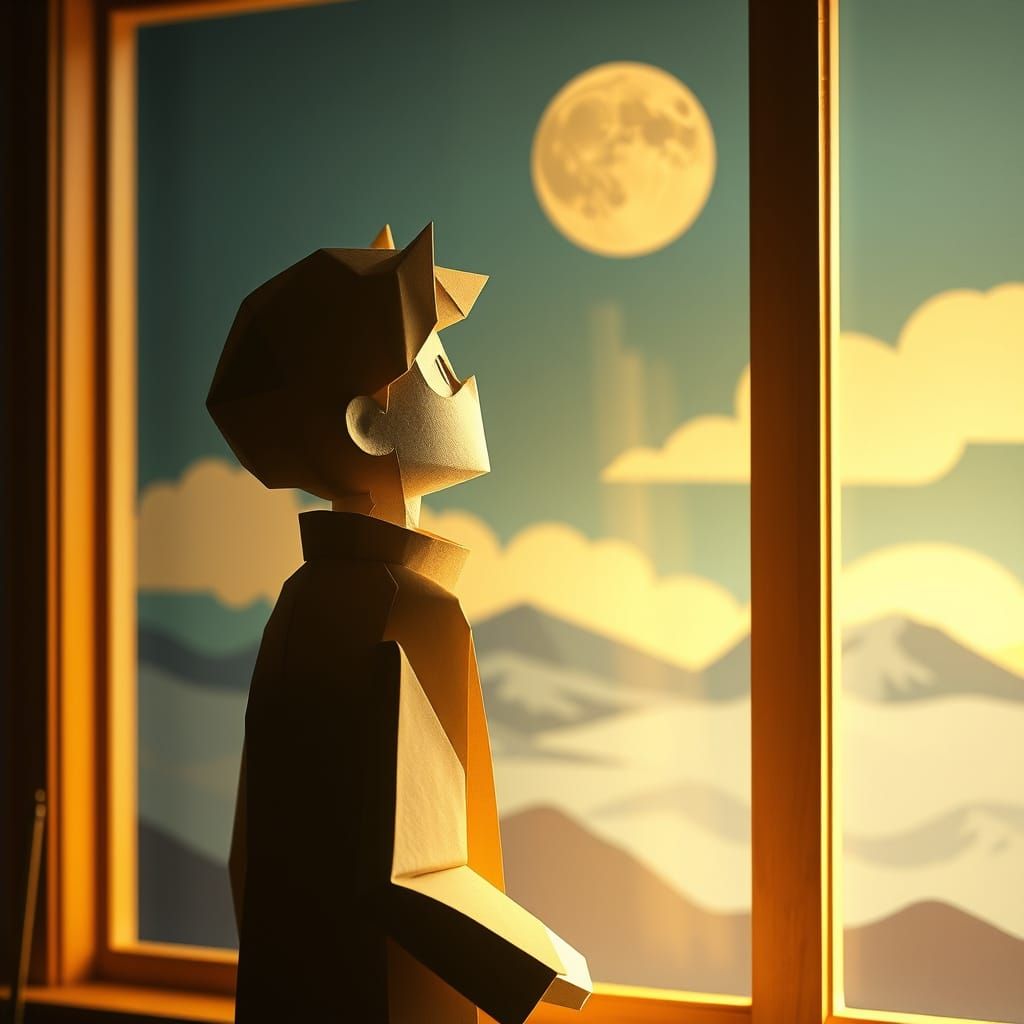 Man Gazing at Moon, Origami Papercraft Style
