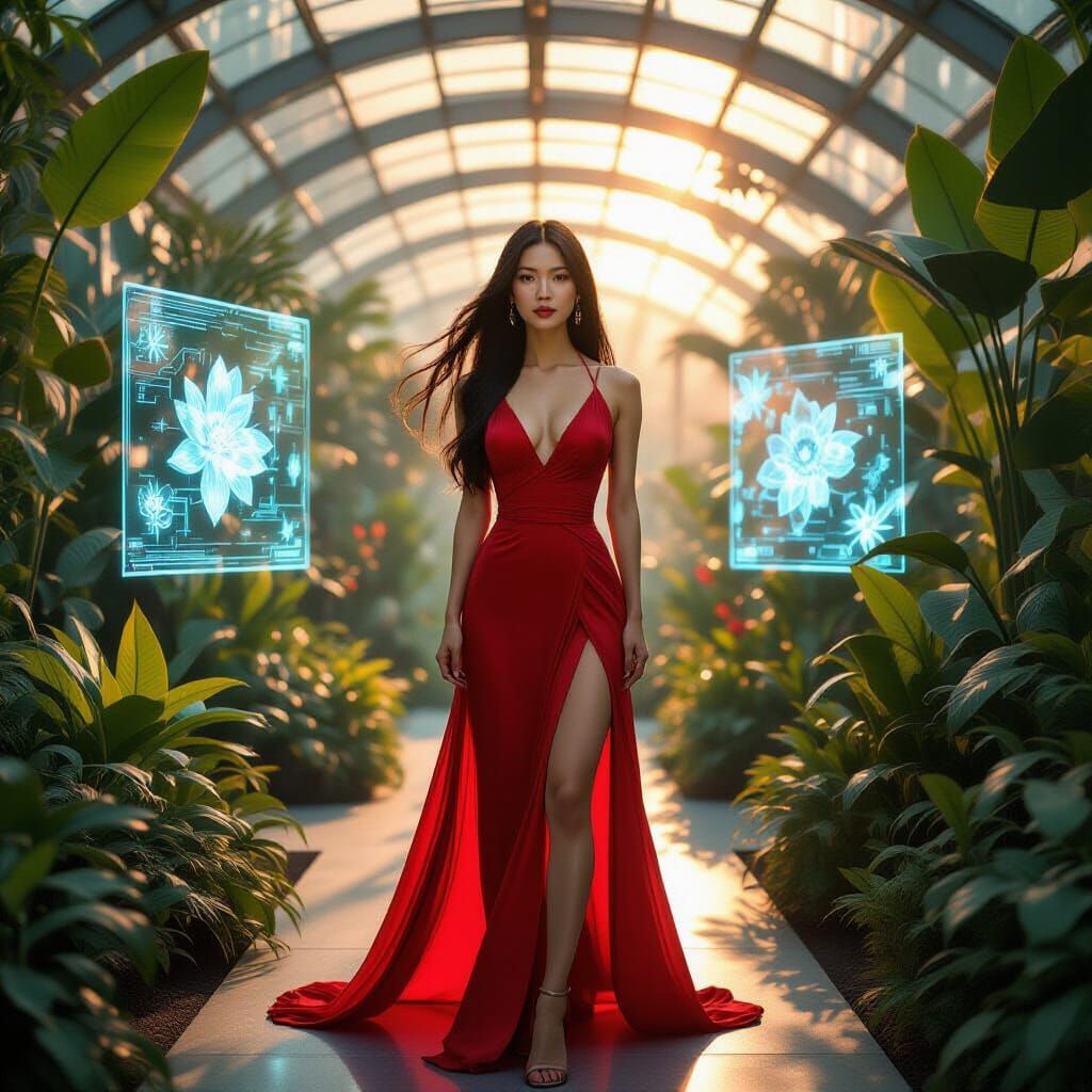 Confident Woman in Futuristic Botanical Garden