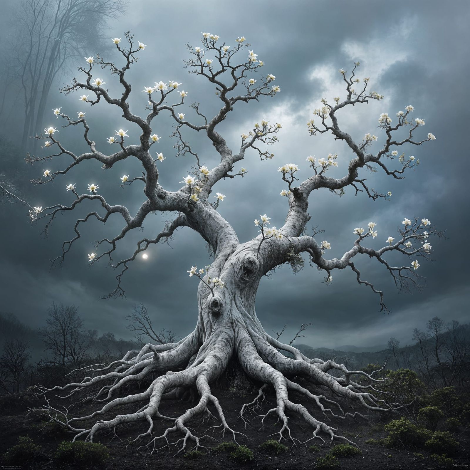 Ancient Tree Blooms in Stormy Gothic Landscape