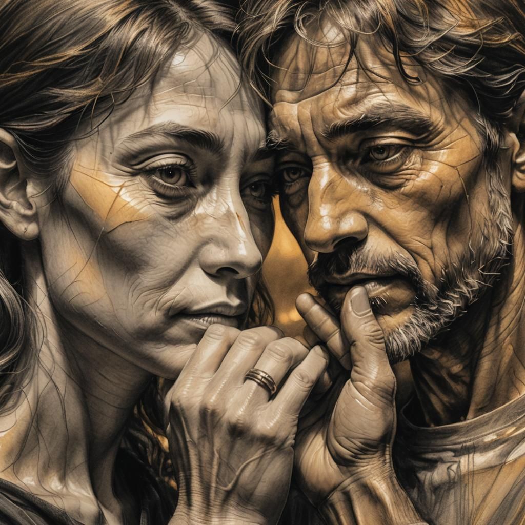 Emotive Charcoal Portrait: Lovers in Golden Light
