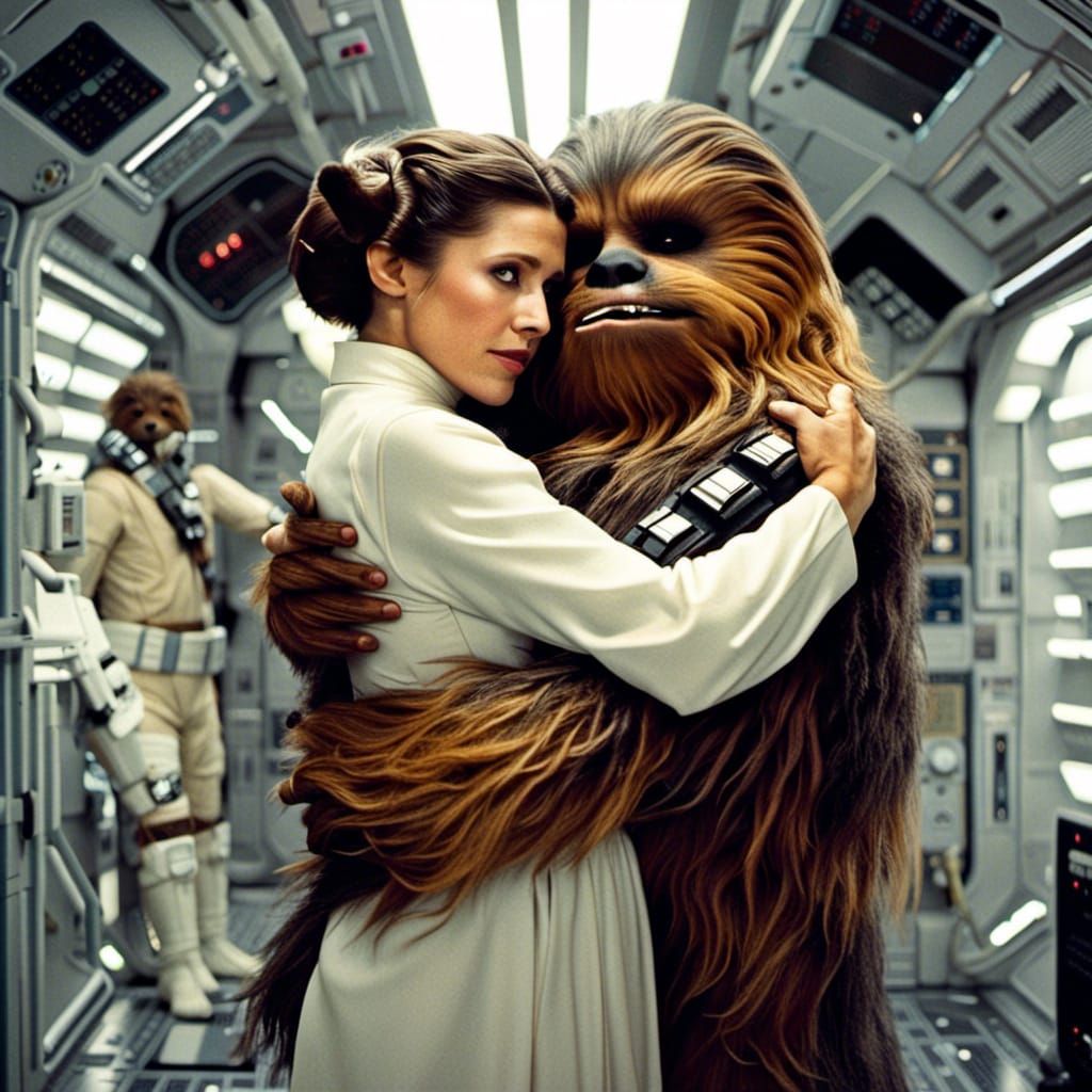 Princess Leia and Chewbacca Embrace in Space Station
