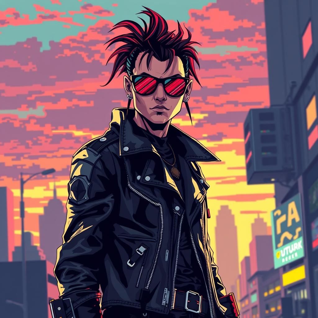 8-Bit Cyborg Assassin in Dystopian Cityscape