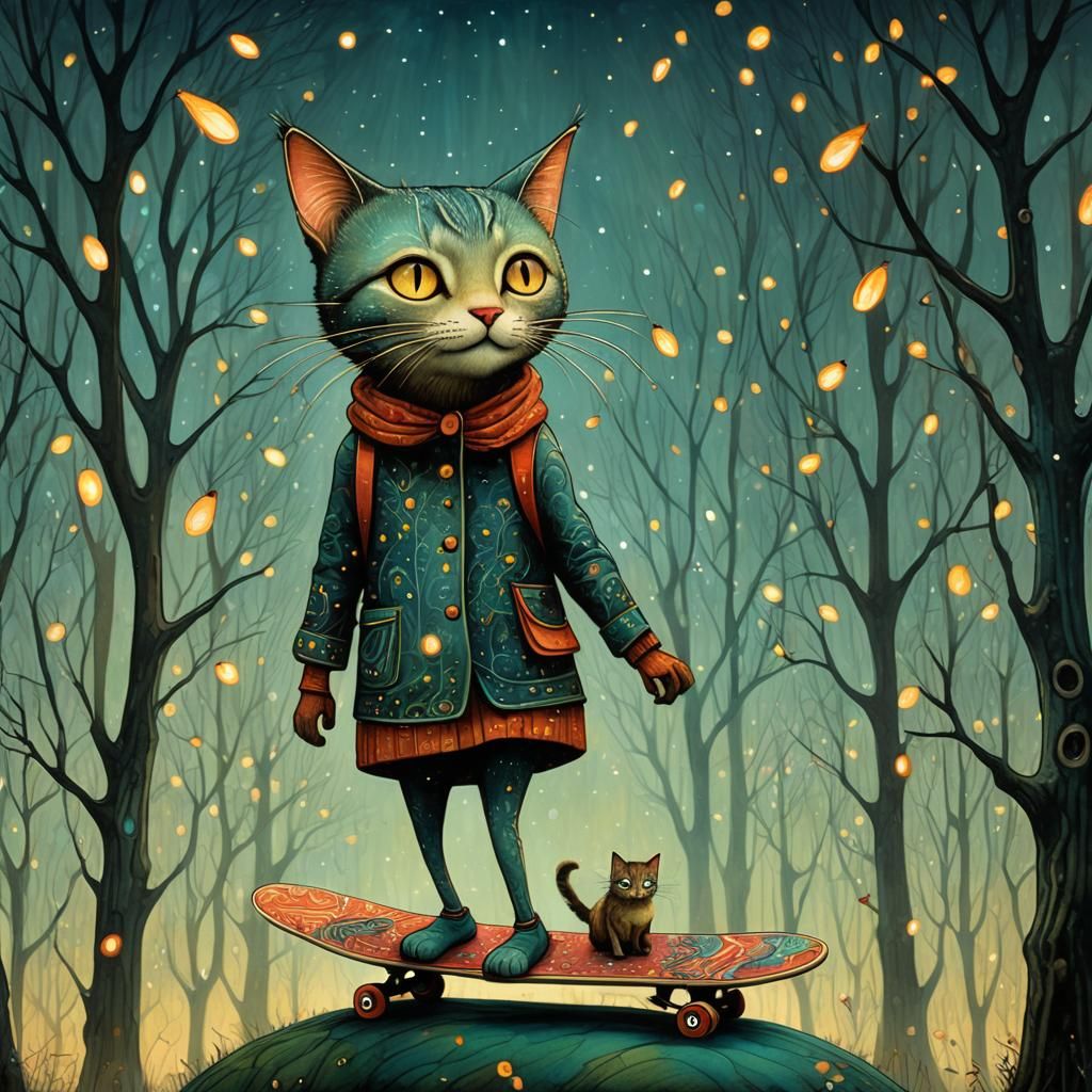 Dreamlike Woman-Cat with Fireflies in Art Brut Style