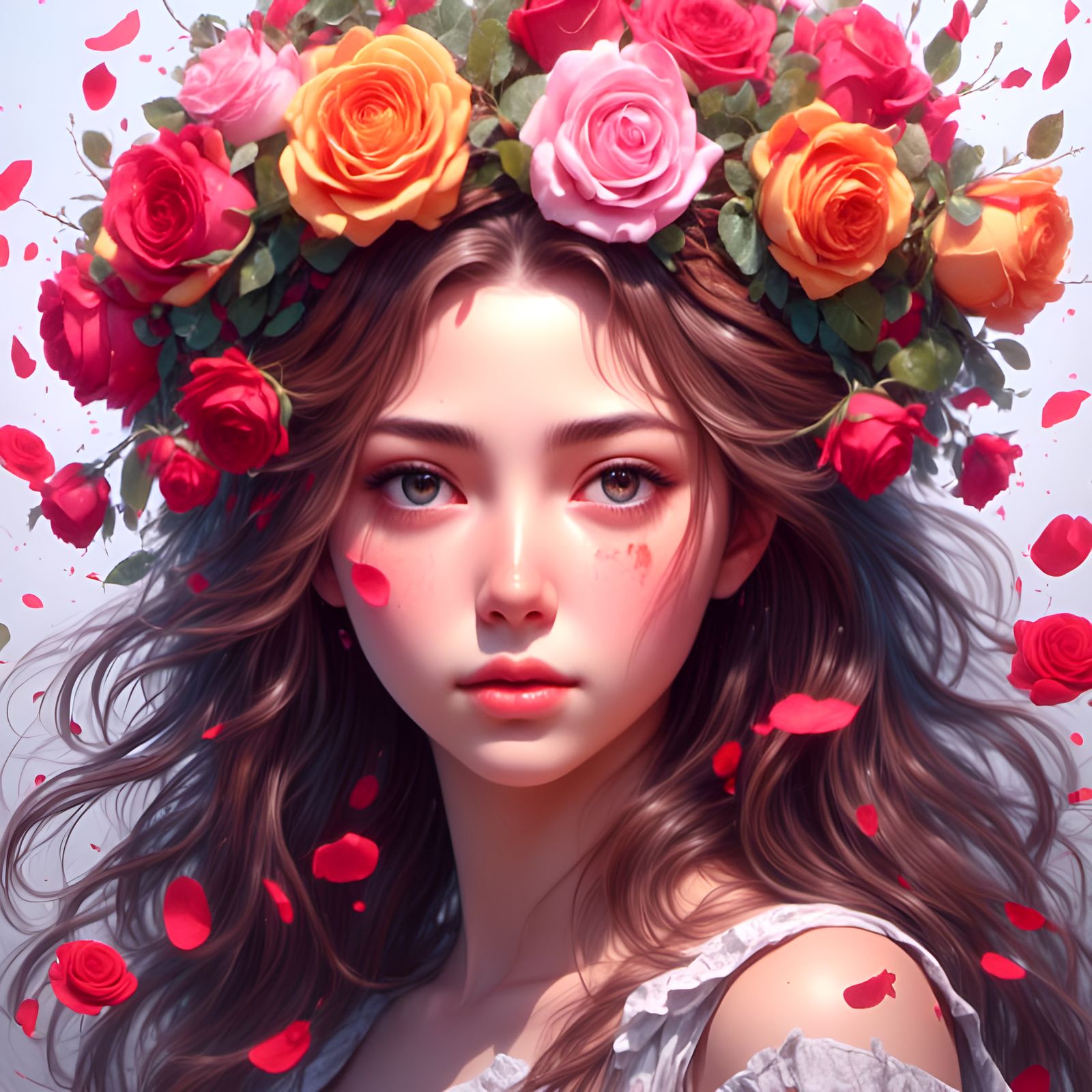 Brunette with Rose Crown: Digital Art Illustration