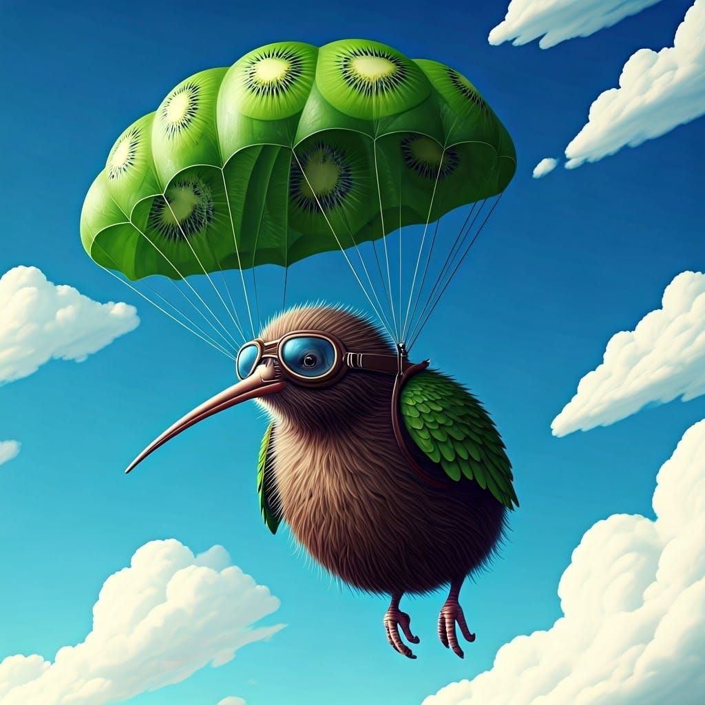 Kiwi Bird Skydiving in Art Nouveau Style