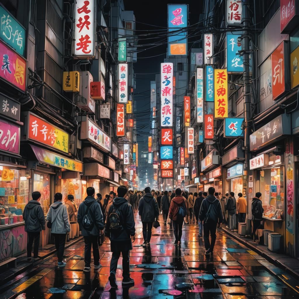 Neon Signs in downtown Tokyo Street, Bathing the night in br...