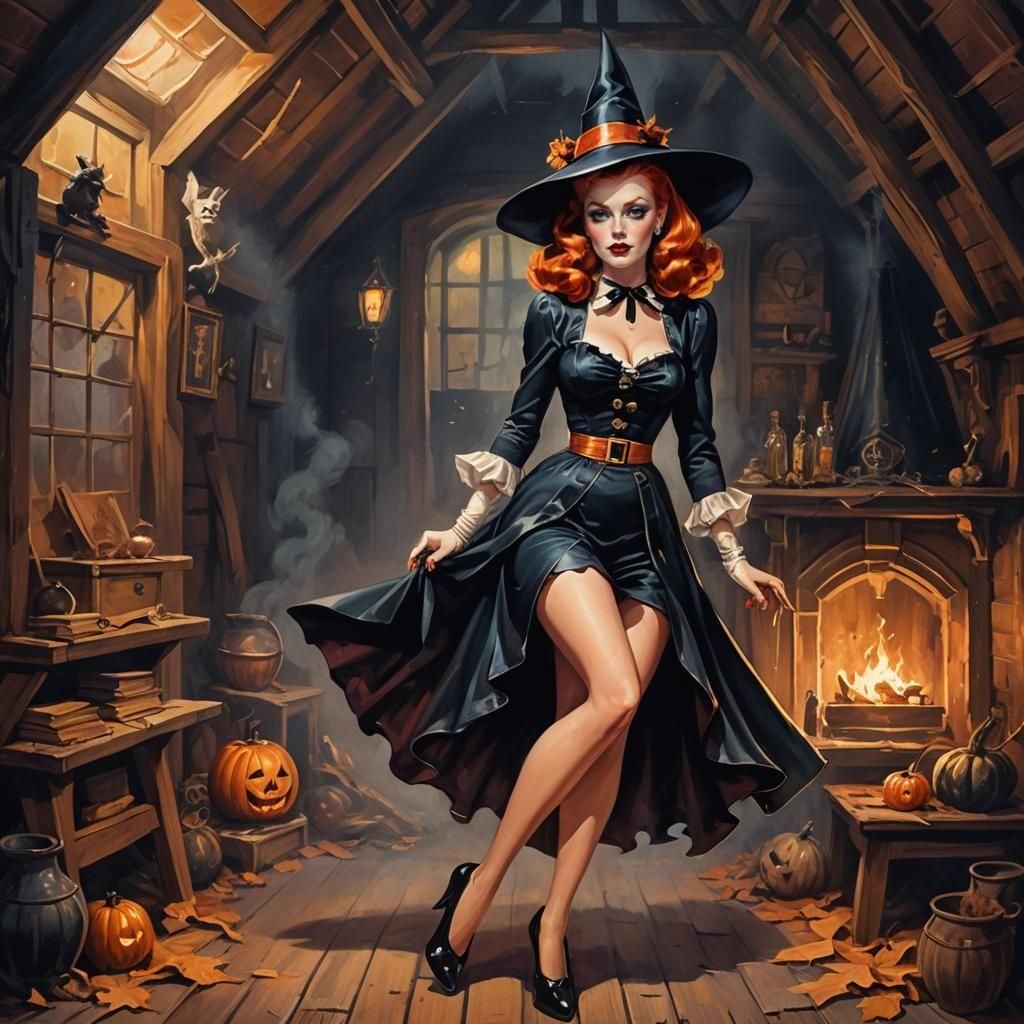 Retro Redhead Witch Pinup in Gouache Style
