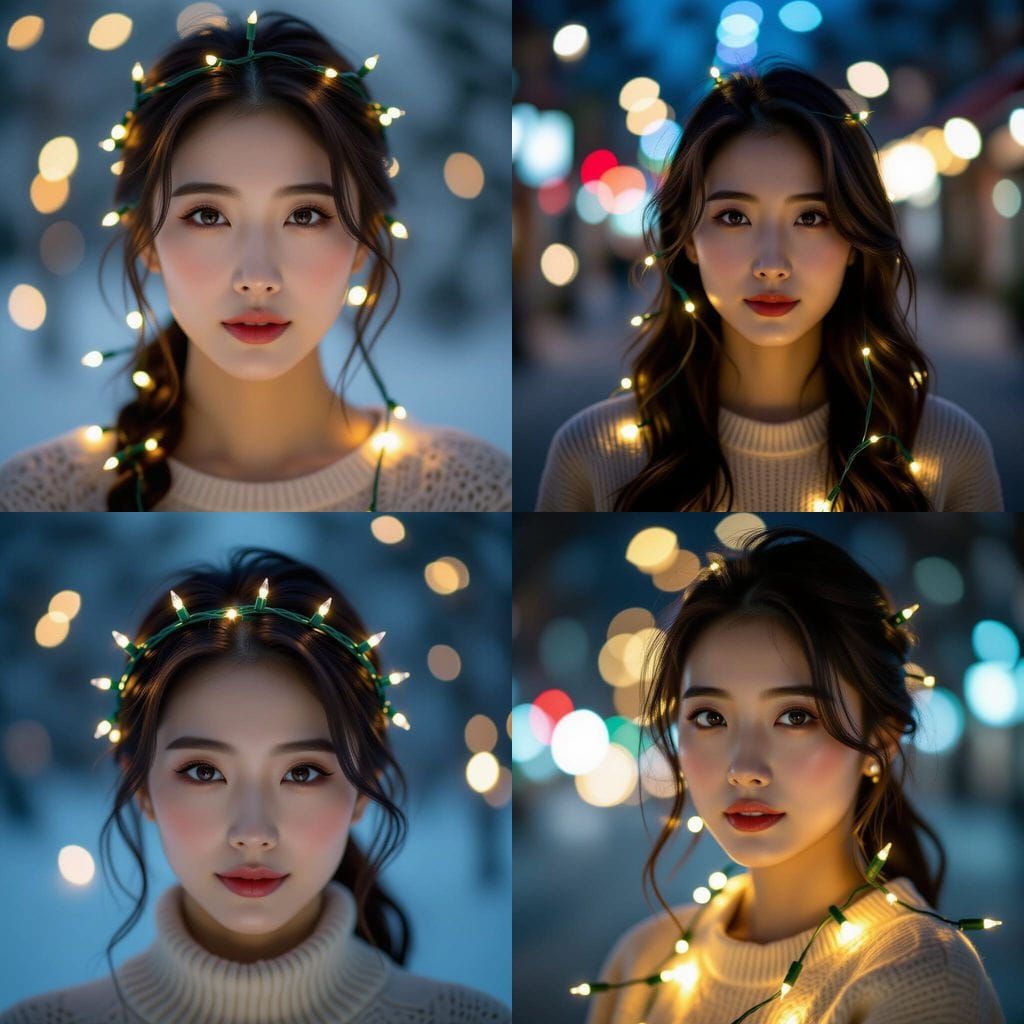 Young Korean Woman Adorned With Christmas Lights