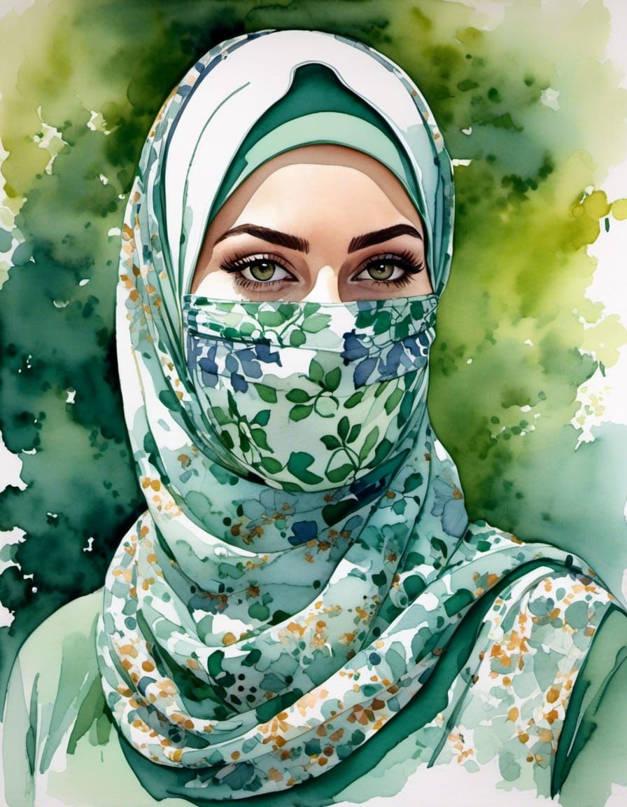Watercolor Portrait of Woman in Hijab and Mask