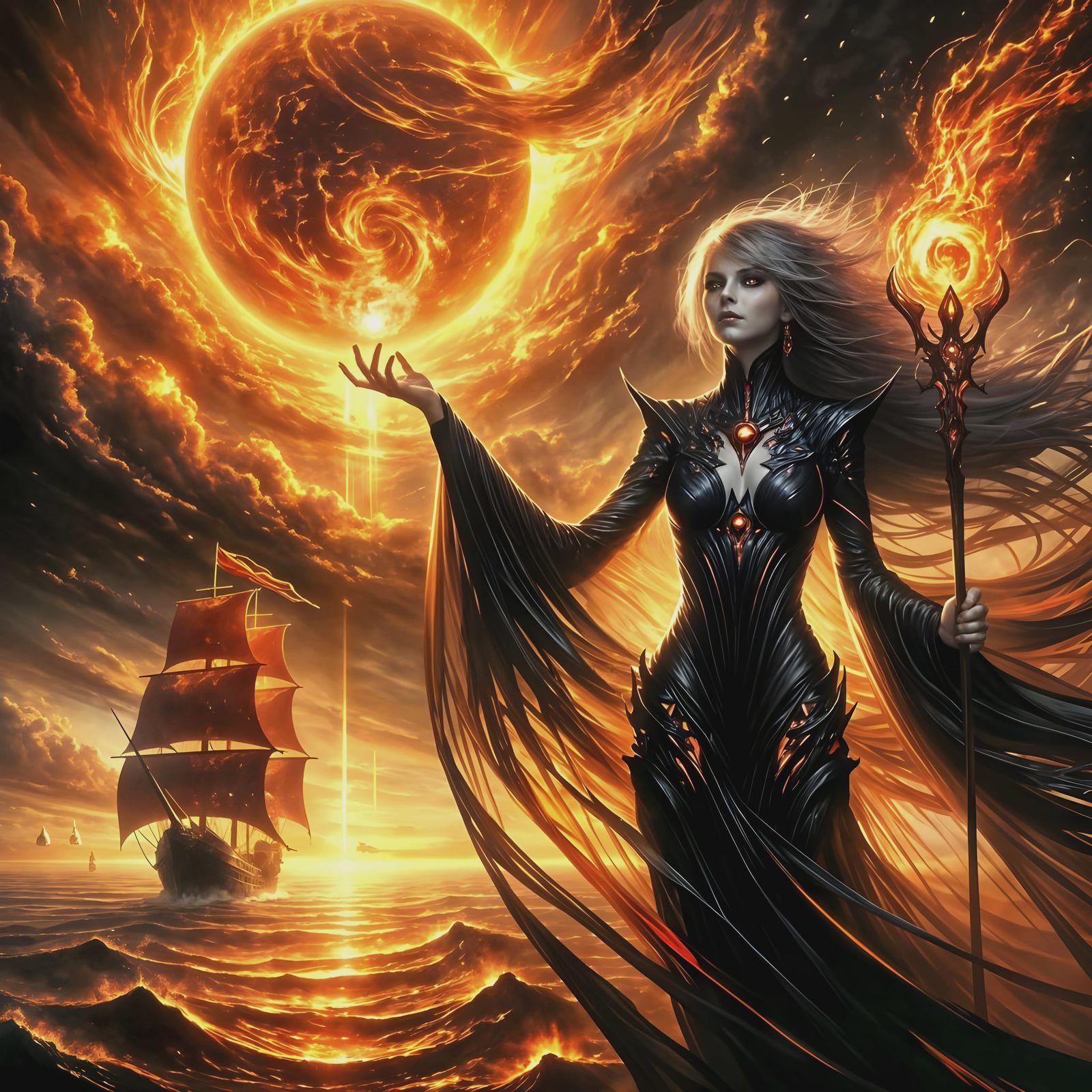 A dramatic digital painting of Solara Fade, an ethereal vill...