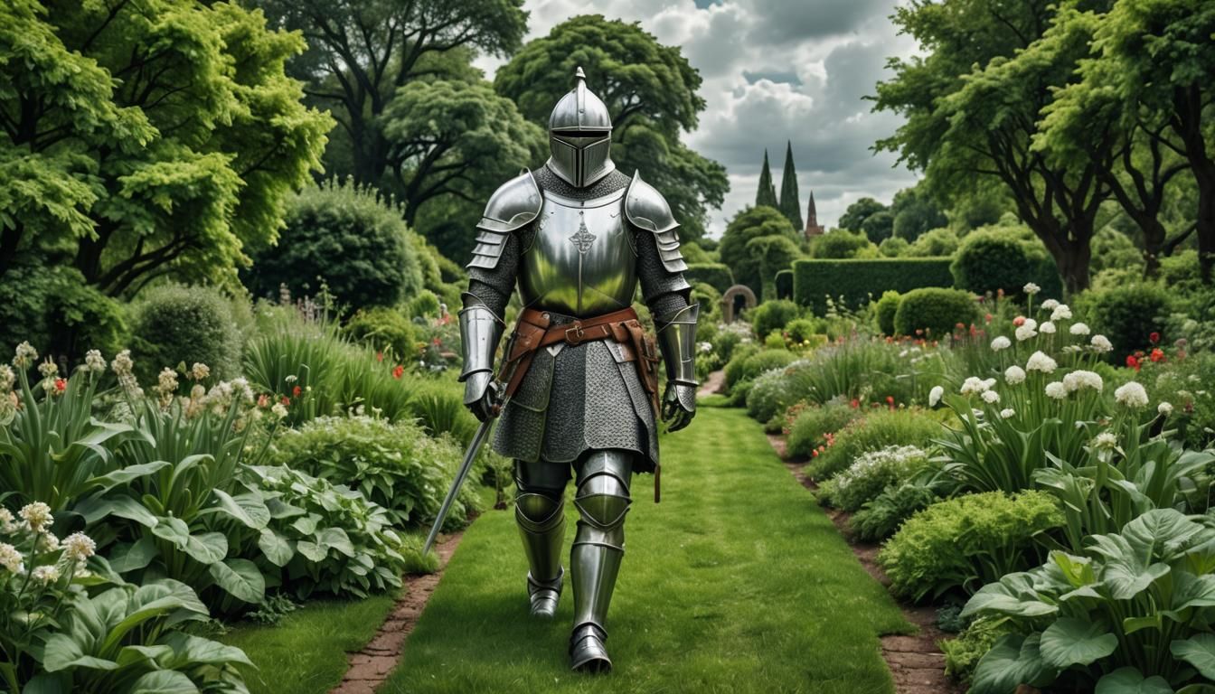 Knight in Green Garden: Hyperrealistic 64 Megapixel Image