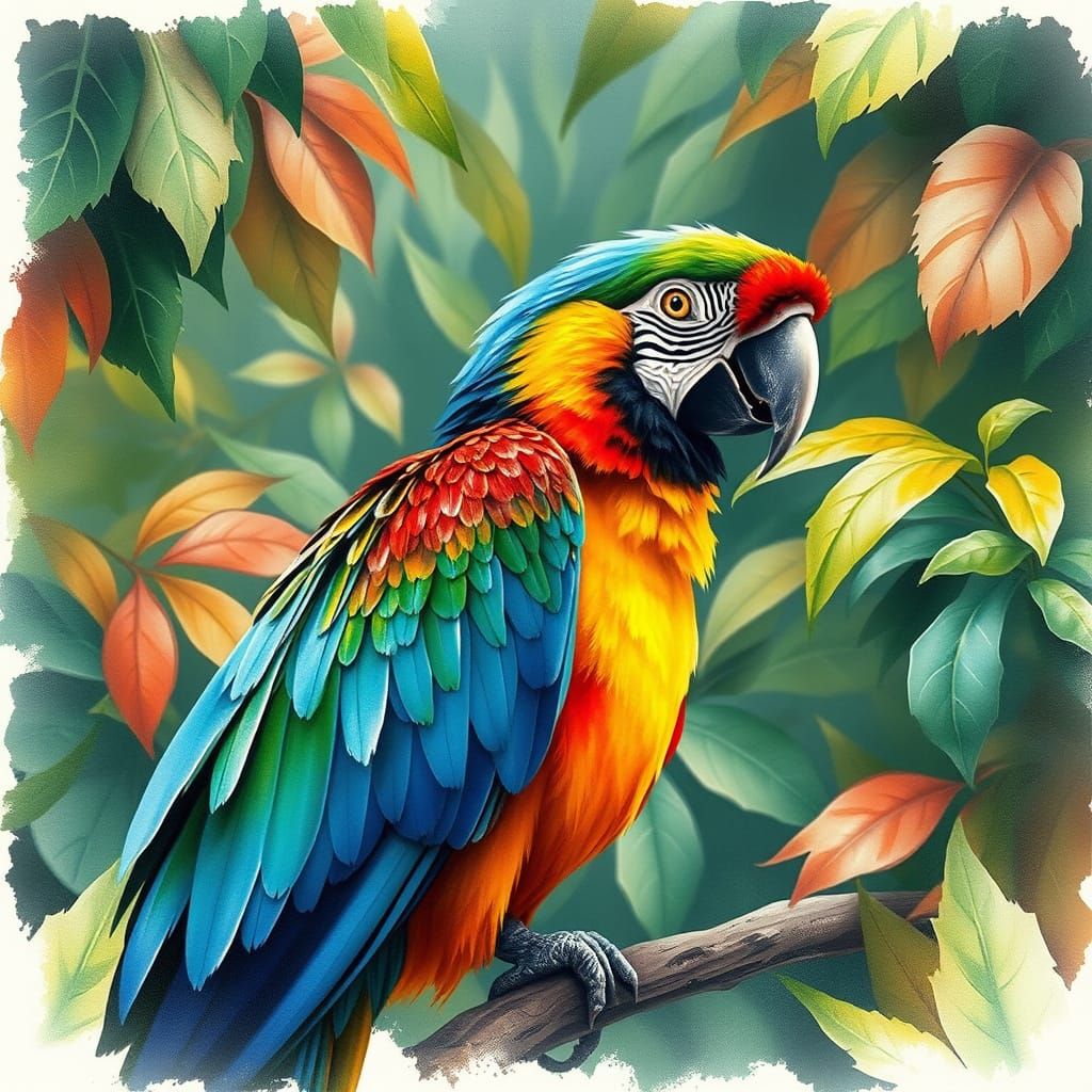 Colorful Macaw in Jungle, Watercolour Painting
