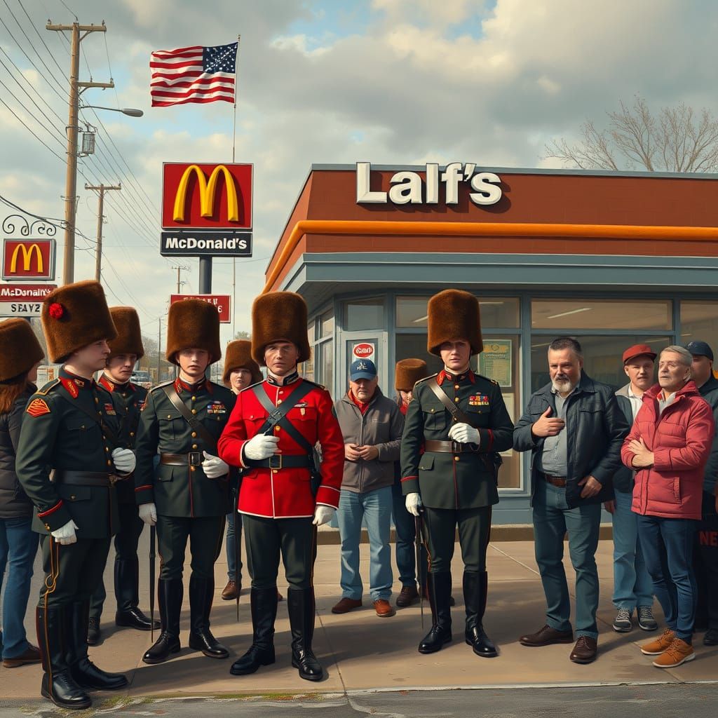 British Soldiers Guard McDonald's, Whimsical Art Style