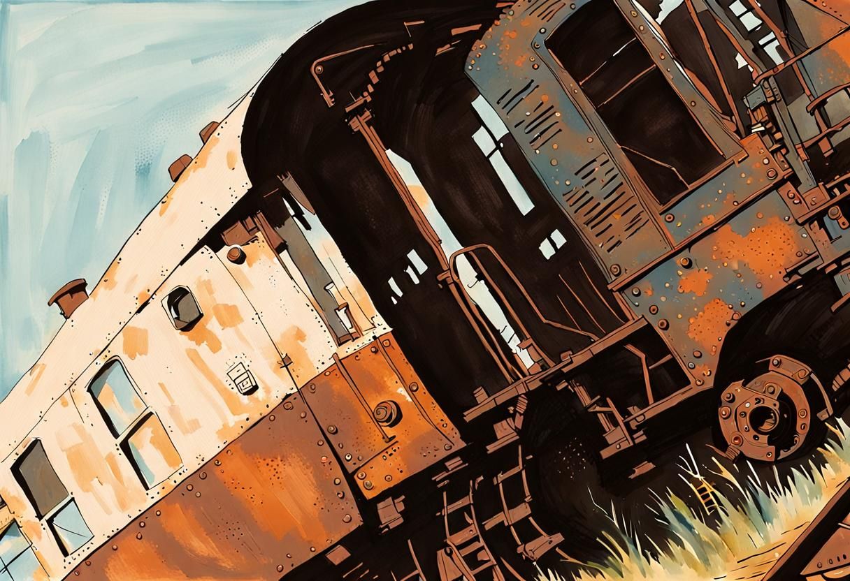 Decaying Train Wreck in Gouache Style