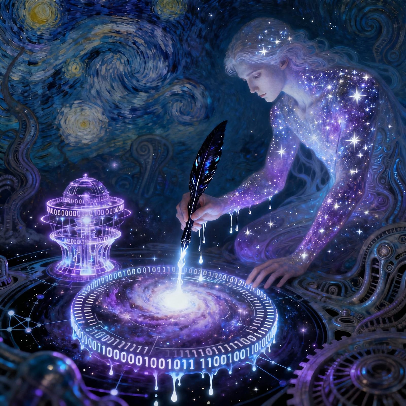 Cosmic Being Writes Universe Story with Light Quill