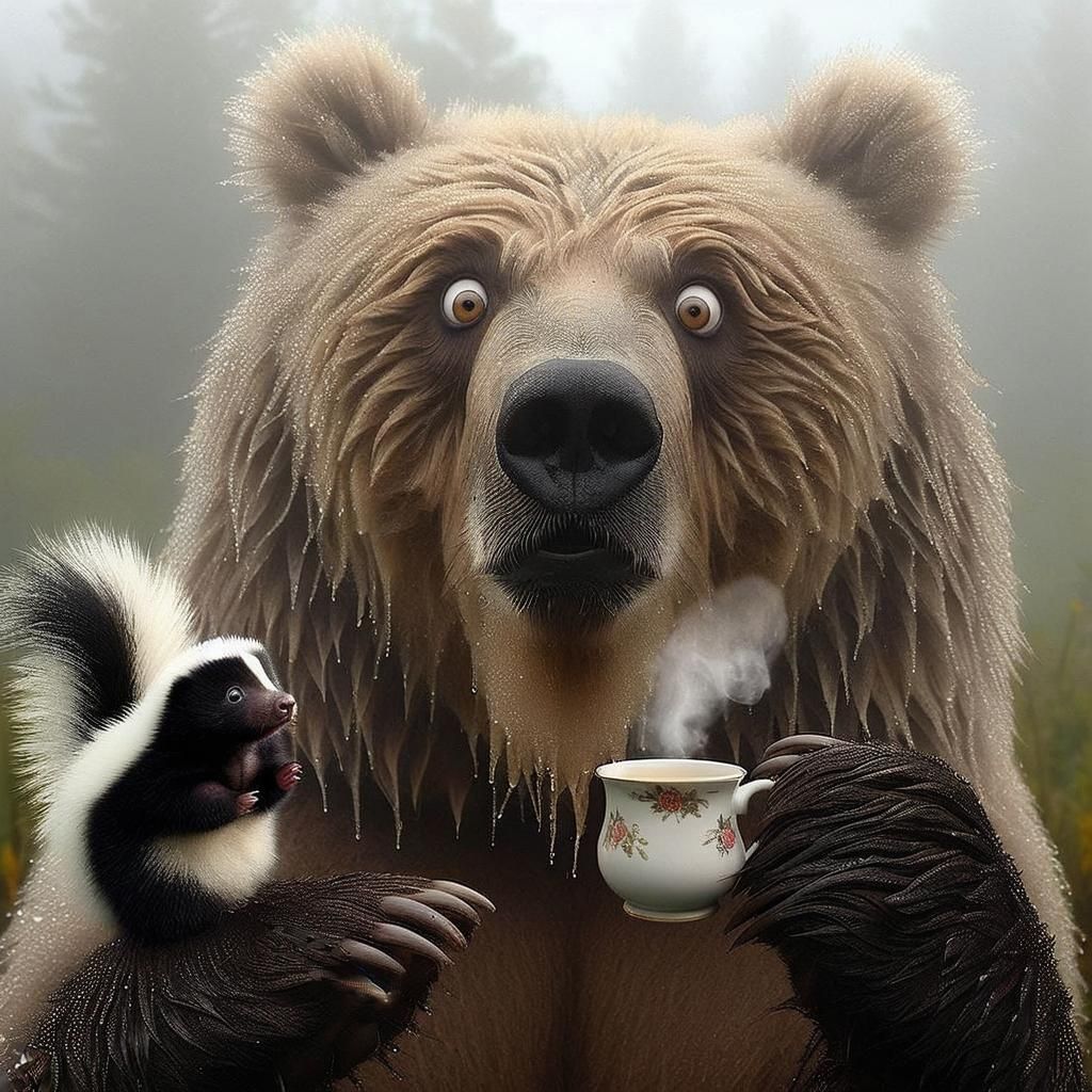 Funny Grizzly Bear and Skunk Tea Party