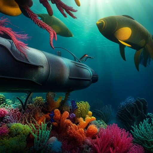 Submarine with Colorful Ocean Creatures: Detailed Digital Ar...