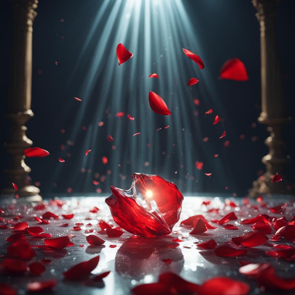 Falling Red Petal on Crystal Table in Light