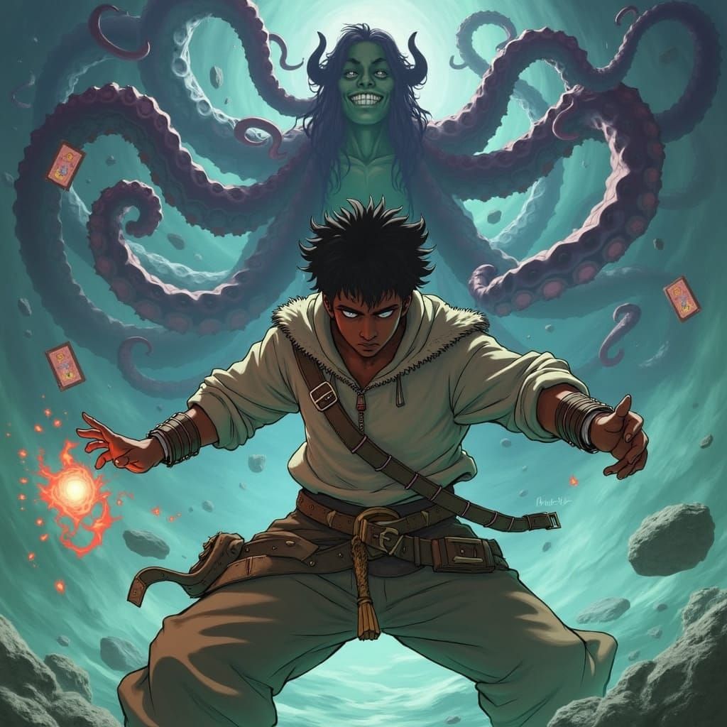 Teenager in Battle Stance with Arcane Energy, Anime Style